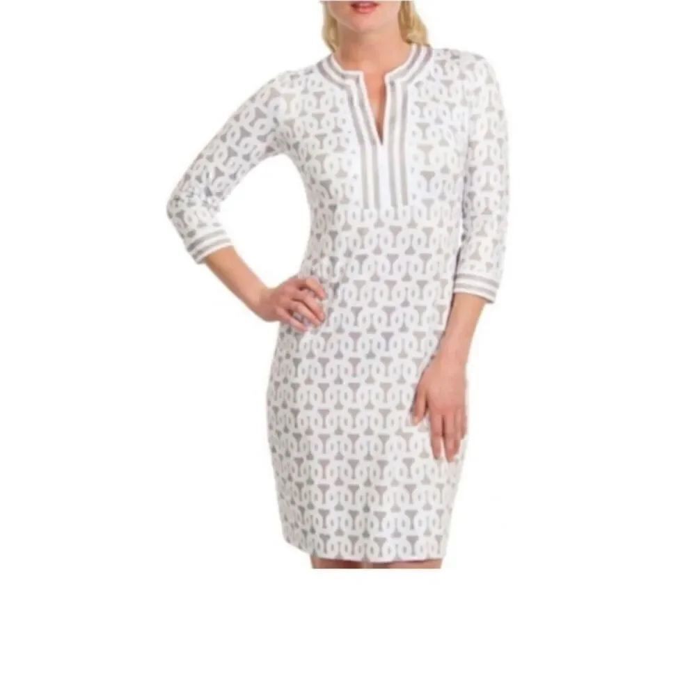 Gretchen Scott Geometric Sheath Dress Gray White 3/4 Sleeve Size S